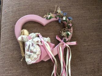 Wooden heart with girl ,ribbons and flowers 10x8 wall hanging