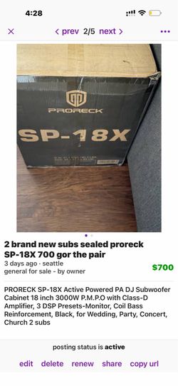 Obo !!! 2 brand new subs sealed proreck SP-18X 700 for the pair