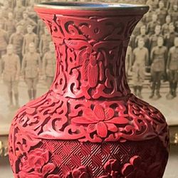 Antique Carved Cinnabar & Brass Vase: Ca. Late 1800s China


