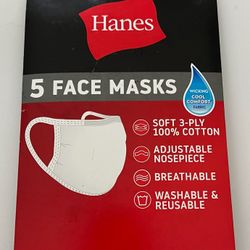 5 Pack HANES Face Masks WHITE Cotton Reusable Cover Cloth Facemask