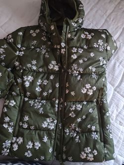 Green Floral Puffer Jacket with Hood