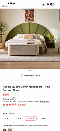 Article Queen Bed Frame + Velvet Headboard Set – $475