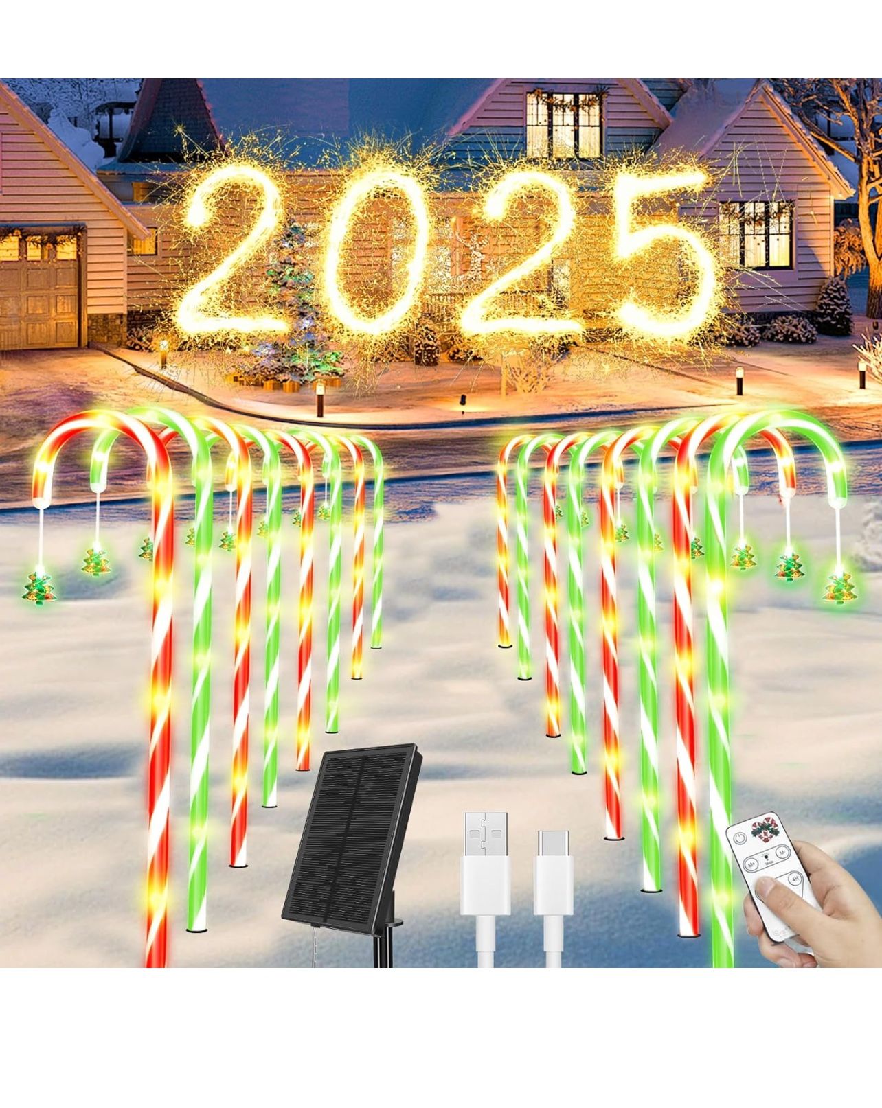 Brandnew 35'' Solar Candy Cane Lights,10 Pack Solar & USB-C Rechargeable Candy Cane Lights Outdoor Pathway Christmas Decorations,100 LED 8 Mode Christ