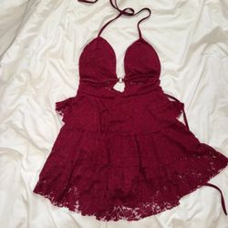Burgundy Lace Halter Mini Dress