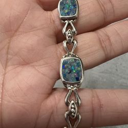 925 STERLING SILVER BLUE CRUSHED  FIRE MOSAIC OPAL INLAY  BRACELET  7 INCH
