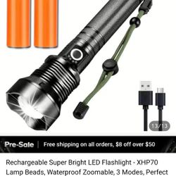 Rechargeable Super Bright LED Flashlight - XHP70 Lamp Beads, Waterproof Zoomable, 3 Modes, Perfect For Search & Rescue Emergencies, Uses 18650/26650 B