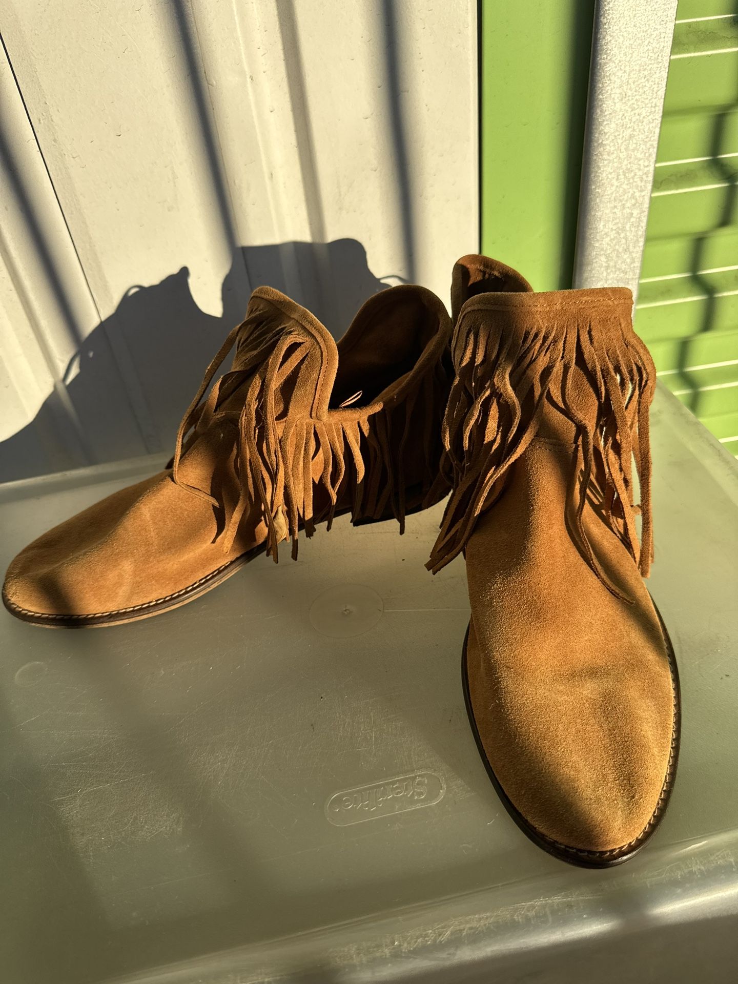 ZARA Women's Brown Faux Suede Fringe Ankle Boots, Size 9, Square Toe, 2" Heel