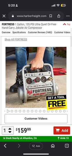 FORTRESS 1 Gallon, 135 PSI Ultra Quiet Oil-Free Hand-Carry Jobsite Air Compressor