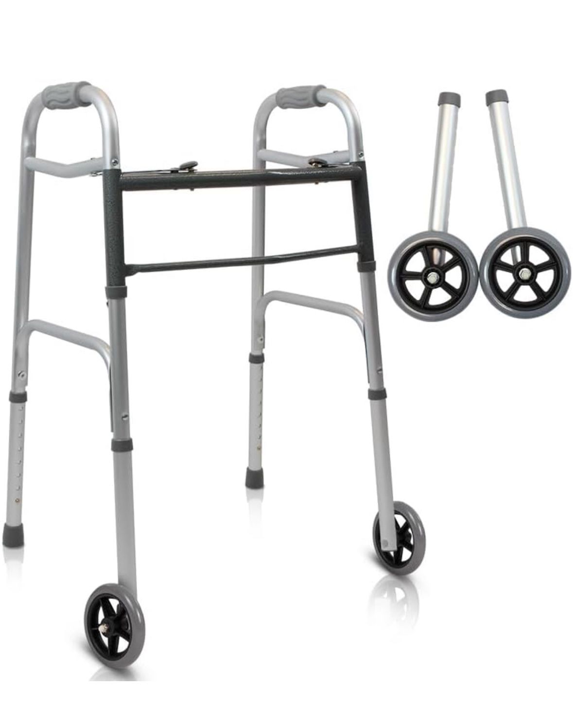 Vive Folding Walker for Seniors - Sturdy Steel Foldable Frame for Adults - Standard Walker with 5" Front Wheels and 2 Rear Ski Glides - Supports up to
