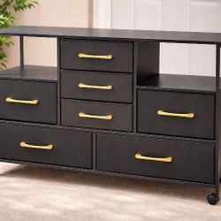 Dresser for Bedroom, 8 Storage Drawers, Wide Fabric Closet Chests Organizer Tower Furniture, TV Stand with Wooden Top Metal Frame for Clothes, Living 