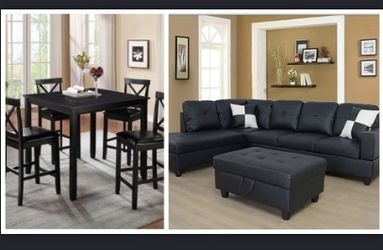 PACKAGE: New Black Sectional with Storage Ottoman and 5pc. Dining table set