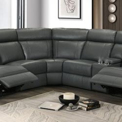 Brand New Dark Grey Super Plush Leather Power Reclining Sectional Sofa
