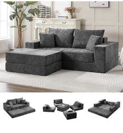 79" Boneless Cloud Modular Sectional Loveseat Sofa Couch, Dark Grey Foldable Floor Sofa with Ottoman, Chenille Lounge Convertible Sofa Bed for Living 