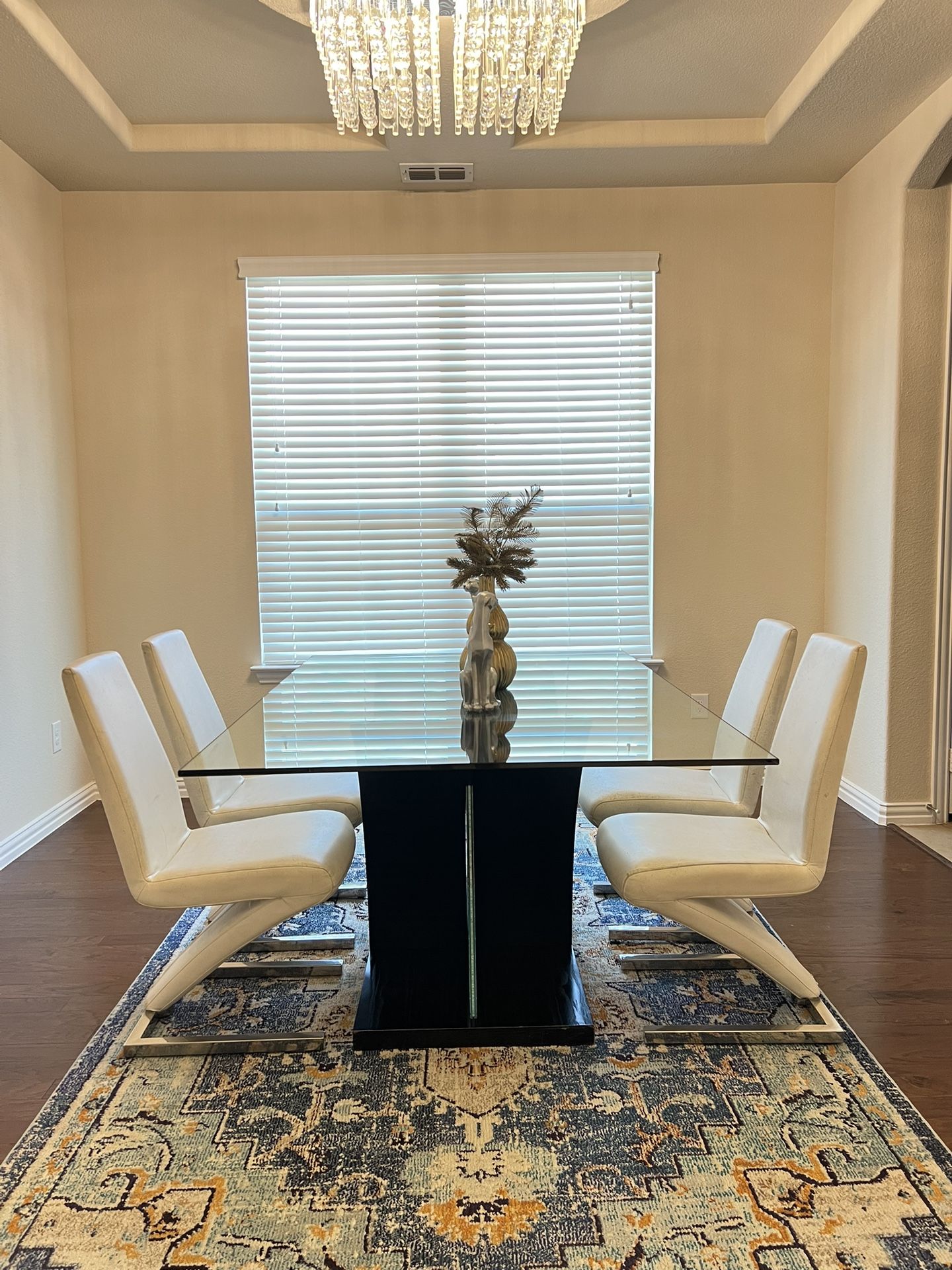 4 chair glass dining table with wood & glass base