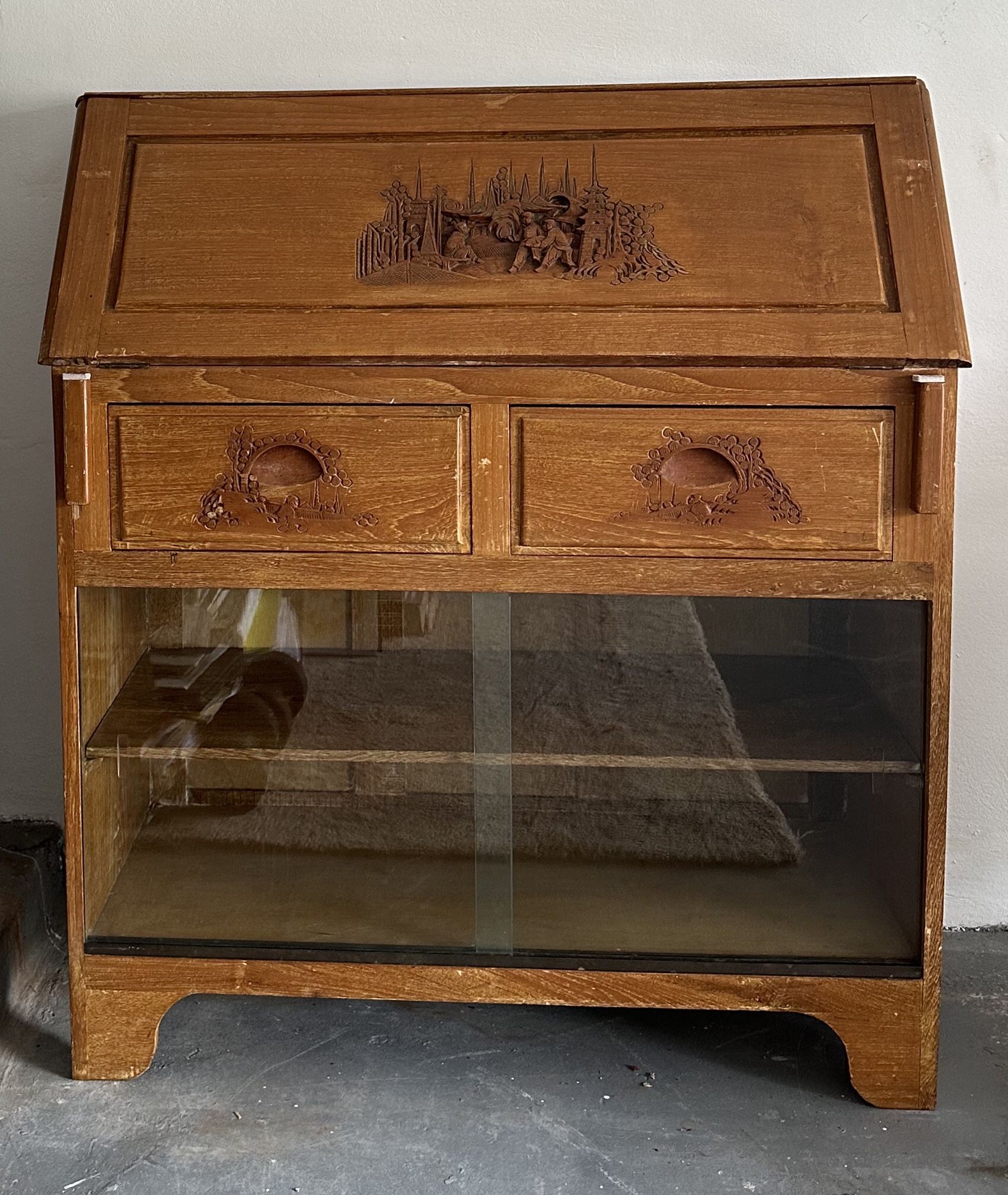 Vintage Asian/Oriental Hand-Carved Wooden Drop leaf Secretary Desk