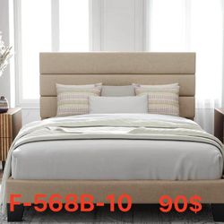 Full Size Platform Bed Frame with Fabric Upholstered Headboard and Wooden Slats Support, Fully Upholstered Mattress Foundation（F-568B-10）