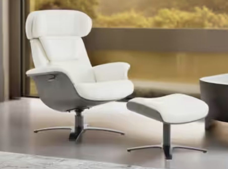 Theo Genuine Leather Recliner Swivel Chair with Ottoman and Adjustable Headrest for Living Room in White