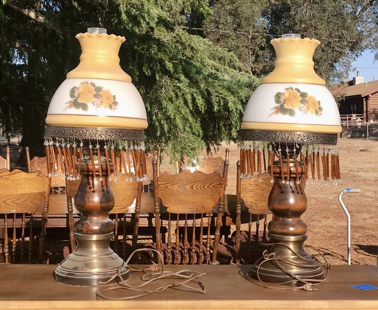 Set Of Two Wooden Table Lamps with Milk Glass Hurricane Shade with Flowers & Chimney
