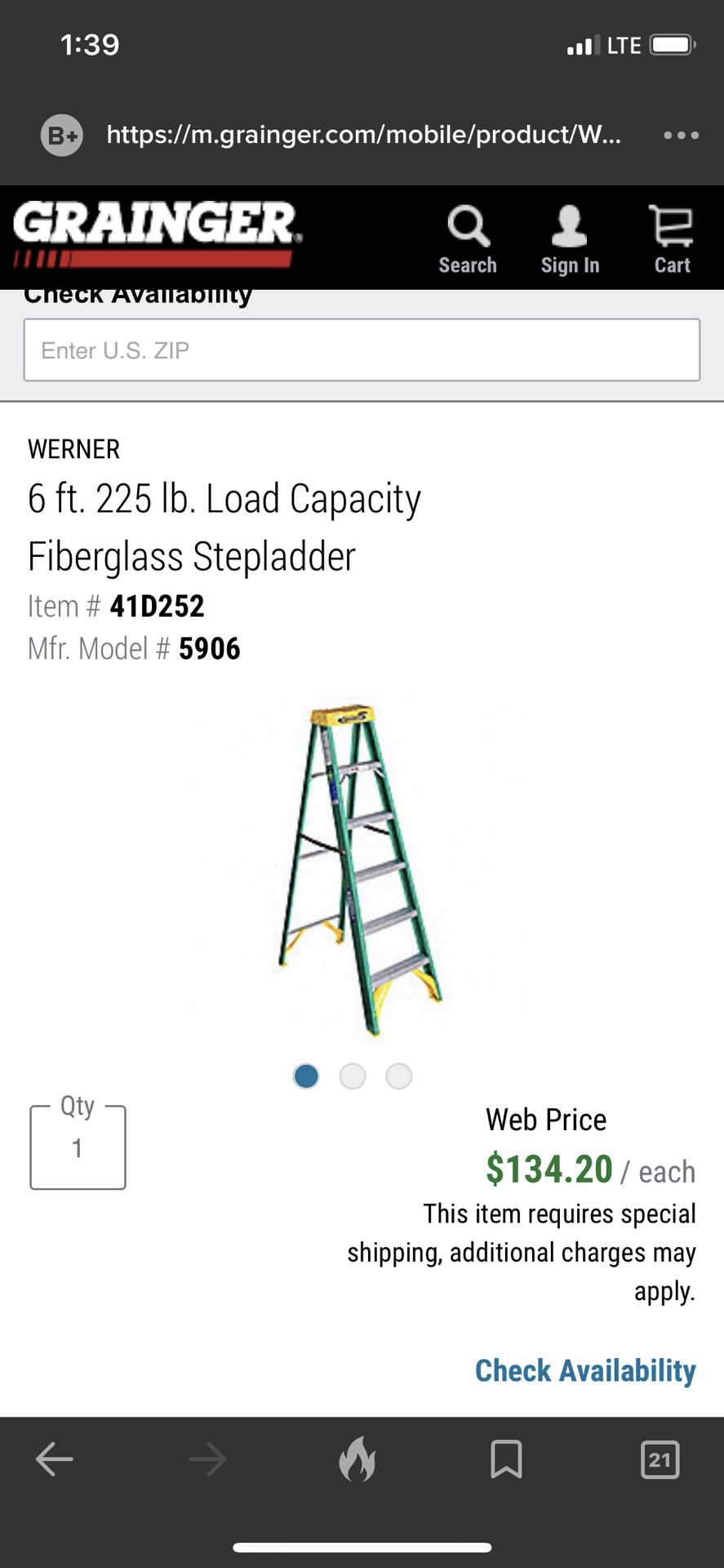 GRAINGER 6ft. 225lbs fiberglass ladder