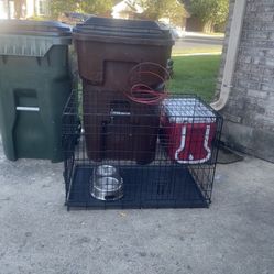 Big Dog Cage, Bowls, And Line Leash