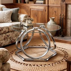 O&K FURNITURE Glass Coffee Table, Modern Silver Coffee Table Living Room Table with Hexagonal Base, Round Coffee Table for Home&Office, Chrome Finish,