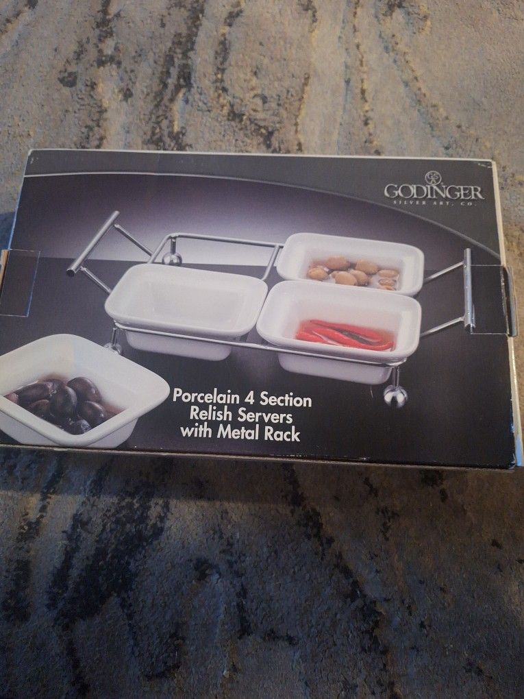 new porcelain 4 section relish servers with metal rack