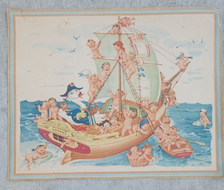 Swan Soap Swanny Babies Boat Print 1940s 14 3/4"x11 3/4"

