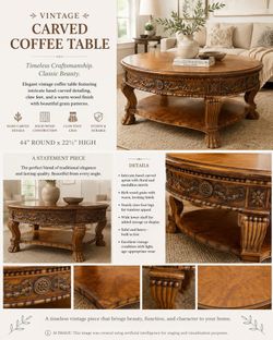 Ornate Stunning Vintage Carved Round Coffee Table – 44" Burl Wood Top & Claw Feet