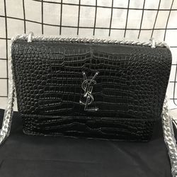 Authentic YSL Yves Saint Laurent black plain leather silver buckle crossbody women bag 