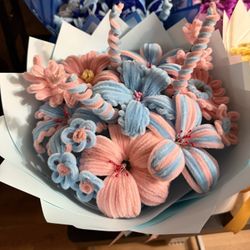 pink and blue flower bouquet 