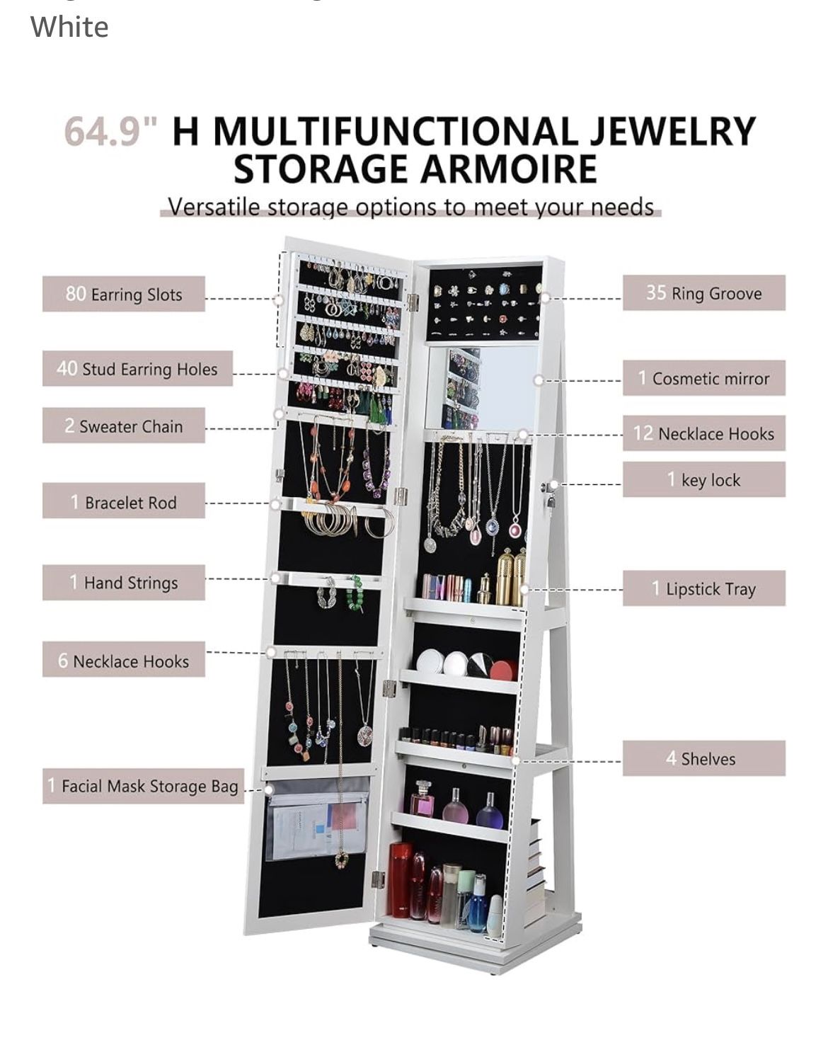 360° Swivel Jewelry Armoire with Full-Length Mirror — Excellent Condition!