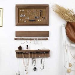NEW! Wall Jewelry Organizer,Wall Mounted Mesh Jewelry Holder,Wall-Mounted Wooden Jewelry Organizer for Necklaces Earings Bracelets Ring Holder with Re