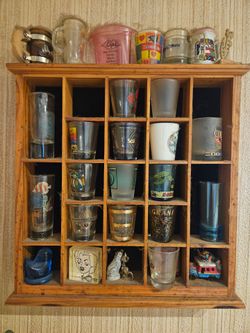 Vintage Wall-Mount Shot Glass Display Case Lot – Includes Art Glass, Disney, Universal & Souvenirs