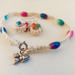 10" Handmade Hemp Anklet Bracelet with Multi-Colored Beads, Clasp Closure, Kitty Cat Charm Pendant & Matching Dangle Drop Earrings Set. Made of Hemp c