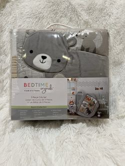 Acorn Gray/Beige/White/Orange Woodland Fox, Raccoon, Squirrel & Bear 3-Piece Baby Nursery Crib Bedding Set