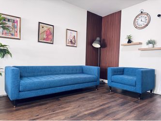 Living Spaces Blue Linen Sofa & Chair Set – Free Delivery
