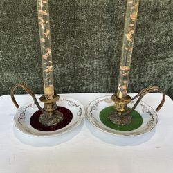 Vintage Set Of Maroon And Green Porcelain Saucer Brass Candleholders - Made in Japan- Home Decor