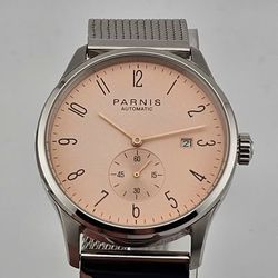 🦖Parnis Bauhaus Style Automatic – Salmon Dial with Small Seconds 🦖