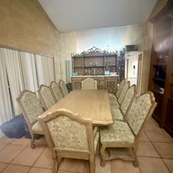 Stunning Solid Wood Dining Room Table with 10 Chairs & Matching China Chest 