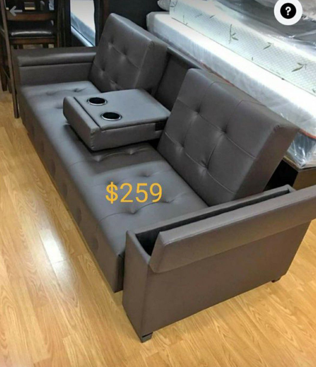Leather sofa bed convertible sleeper couch futon with storage
