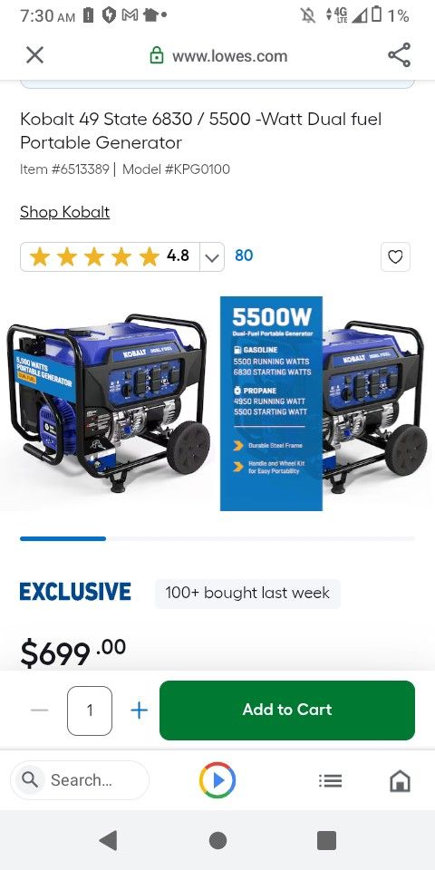 New In The Box Unopened With Receipt Kobalt Generator Generator 5500 Watts Dual Fuel Propane And Gas.