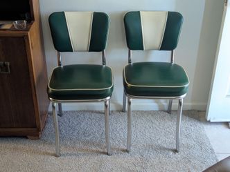 Set of 2 Green and White Vinyl and Chrome Diner Chairs USA made, nice