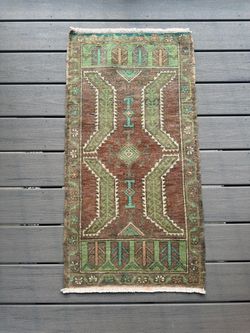 Vintage Green Turkish Rug, Oushak Handwoven Anatolian Tribal Carpet, Brown Olive Rug, Antique Oriental Rug Boho Rustic Home Carpet 1.9x3.5