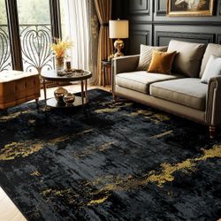 5x7ft Area Rug Black & Gold NEW Washable Anti Slip