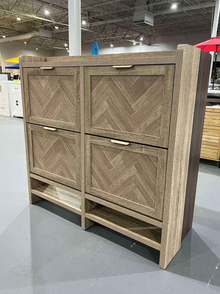 Shoe Storage Cabinet with 4 Flip Drawers, Farmhouse Wooden Shoe Cabinet with Bottom Open Shelf, Narrow Freestanding Shoe Rack Organizer, Hidden Shoe