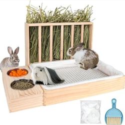 3 in 1 Rabbit Hay Feeder with Litter Box,Upgraded Wooden Hay Feeder Set for Guinea Pig Chinchilla Bunny Other Small Animals