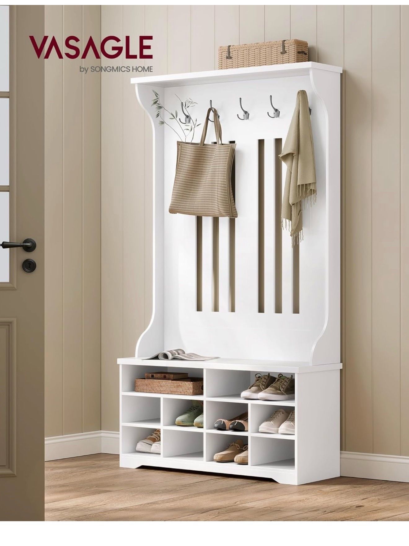 Hall Tree, Coat Rack with Bench, Shoe Storage, 5 Tri-Hooks, Freestanding, Space-Saving, for Mudroom, Entryway, Hallway, Adjustable Shelves, Cloud Whit