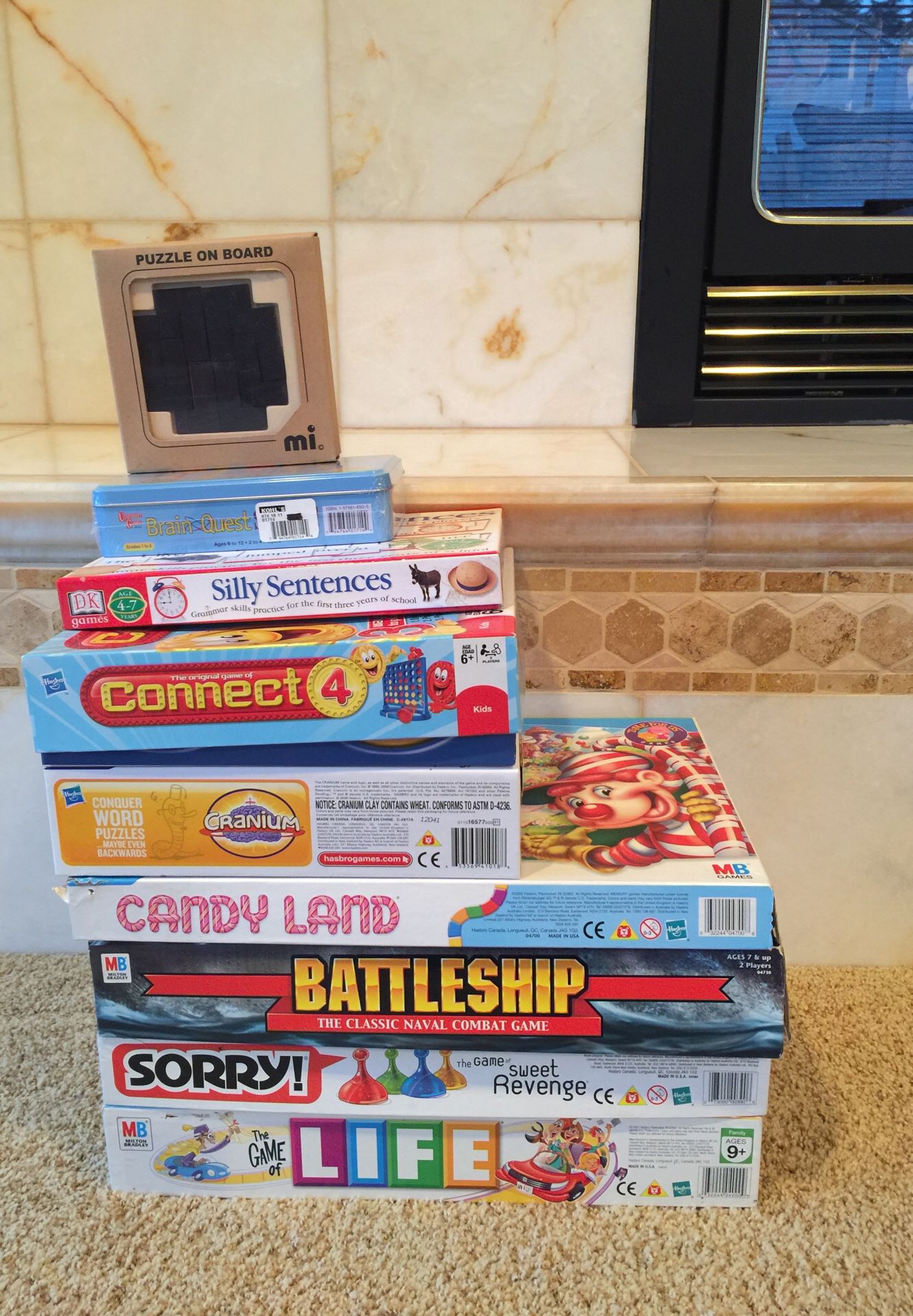 Board Games: Life, Sorry, Battleship, Candy Land, Cranium, Connect 4, Silly Sentences, Brain Quest, Puzzle On Board