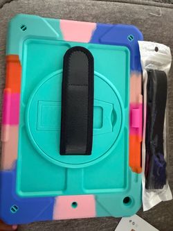 Blue/Green with multi color edg IPad Case with handle and rotating kickstand