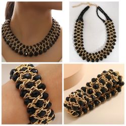 BEADED BLACK GEMSTONE BEADS WITH GOLDEN TONE METAL CHAINS NECKLACE & BRACELET SETS 